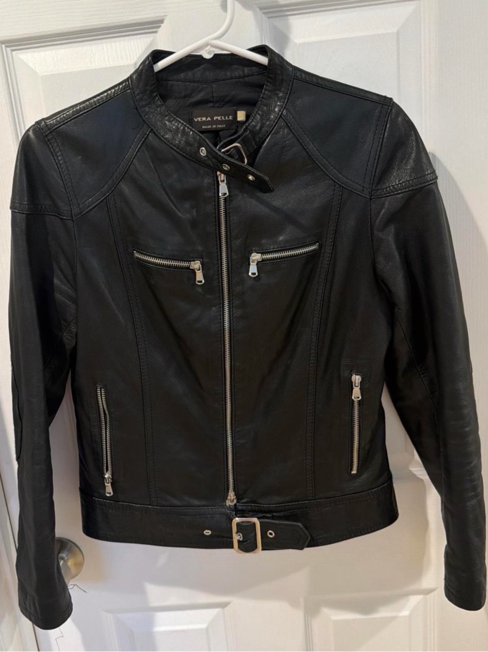 Vera Pelle Black Leather Belted Moto Jacket